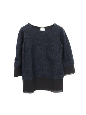 Chanel CC Logo Button Fabric Cashmere Top Shirt Navy Black